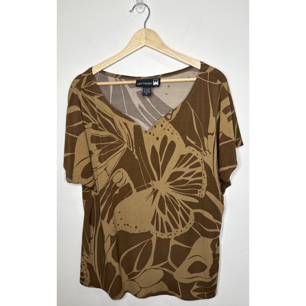 Butterfly Graphic Top XL Short Sleeve Chocolate‎ Brown V Neck Flowy Forest Fairy
